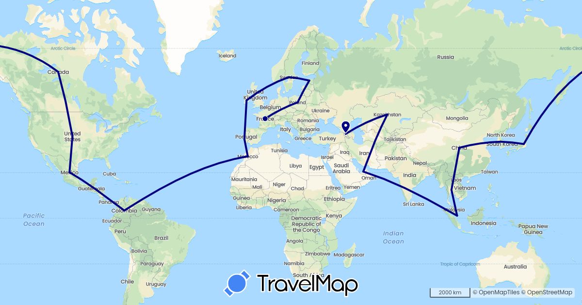 TravelMap itinerary: driving in Armenia, Canada, China, Colombia, Estonia, France, Ireland, Japan, South Korea, Morocco, Poland, Portugal, Sweden, Singapore, Thailand, United States (Africa, Asia, Europe, North America, South America)